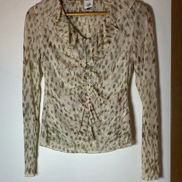 CAbi Cream and Brown Patterned Ruffle Blouse - Picture 3 of 9